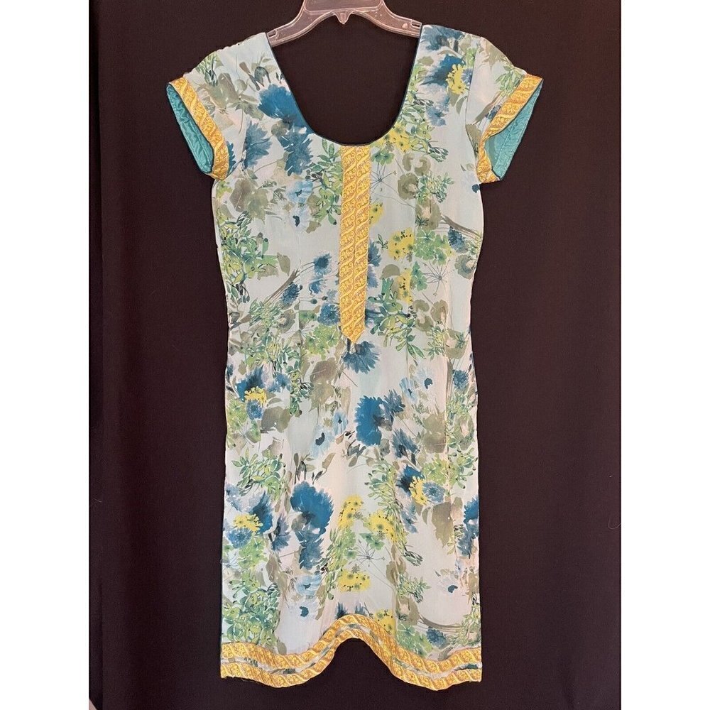 Vtg Handmade Asian Inspired Gold Trim Side Slit Sheath Dress Small Medium Floral - Picture 2 of 8